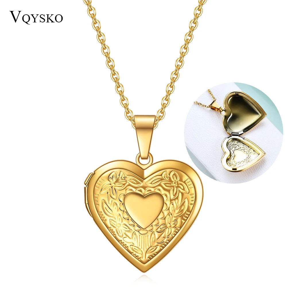 Floral Heart Locket Photo Pendant Necklace