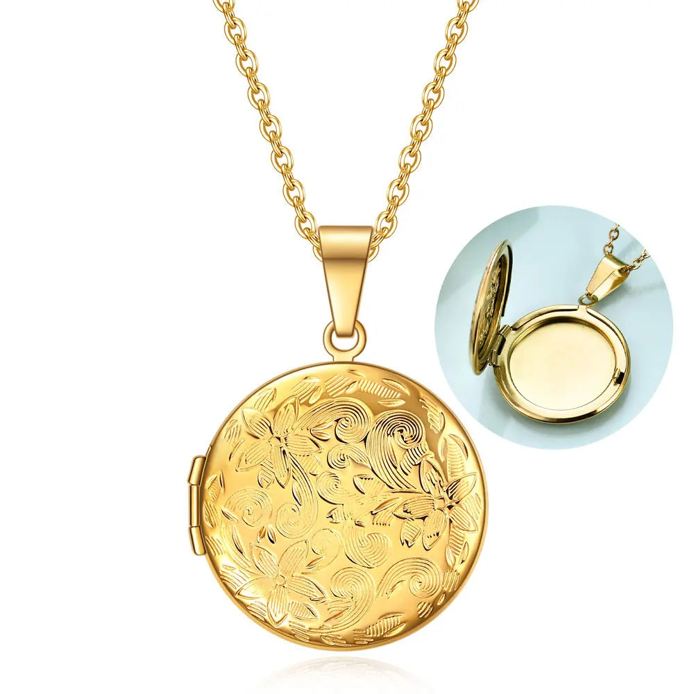 Floral Heart Locket Photo Pendant Necklace