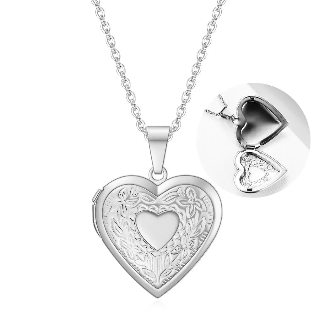 Floral Heart Locket Photo Pendant Necklace