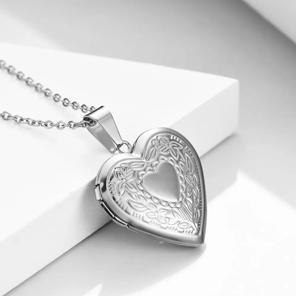 Floral Heart Locket Photo Pendant Necklace