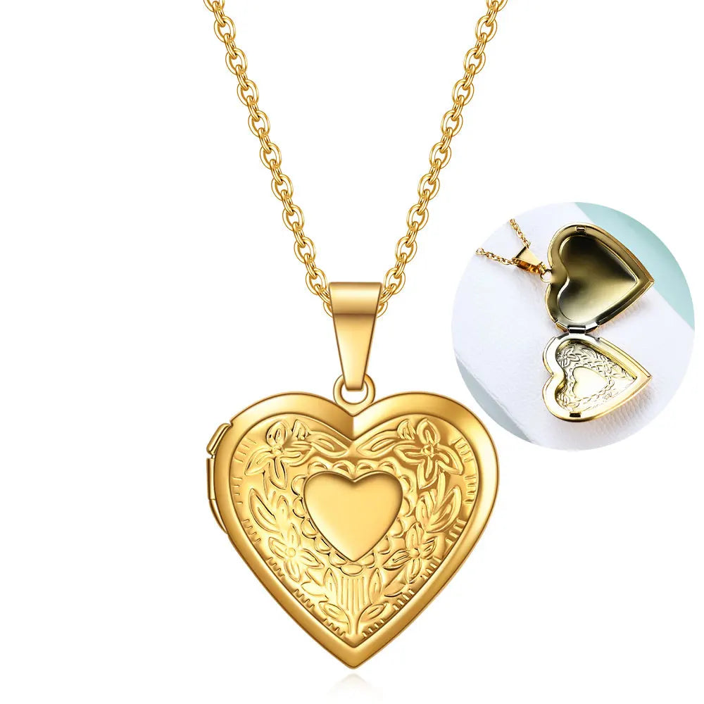 Floral Heart Locket Photo Pendant Necklace
