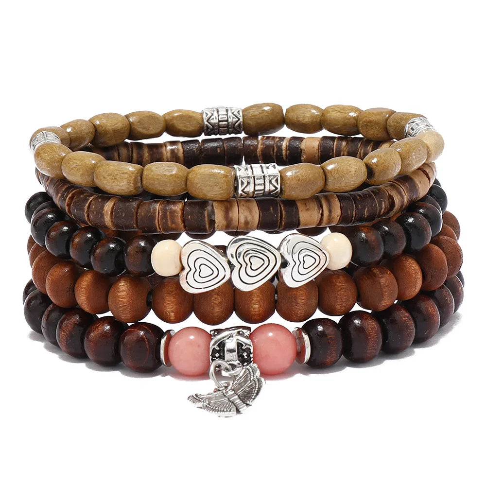 Boho Wood Bead Charm Bracelet Set