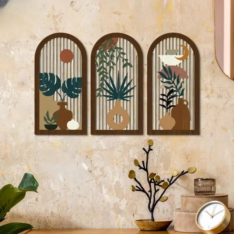 Wooden Vase and Banana Leaf Wall Art