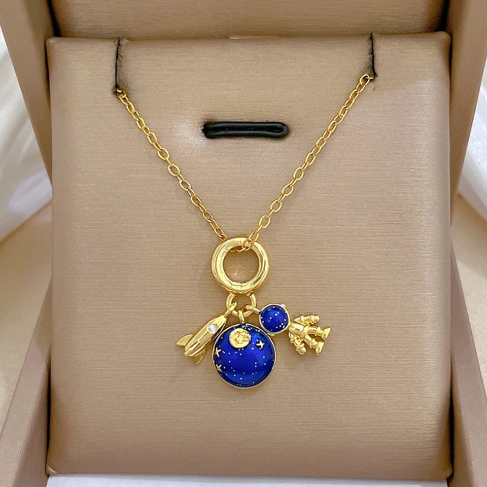Gold Astronaut Moon & Planet Pendant Necklace