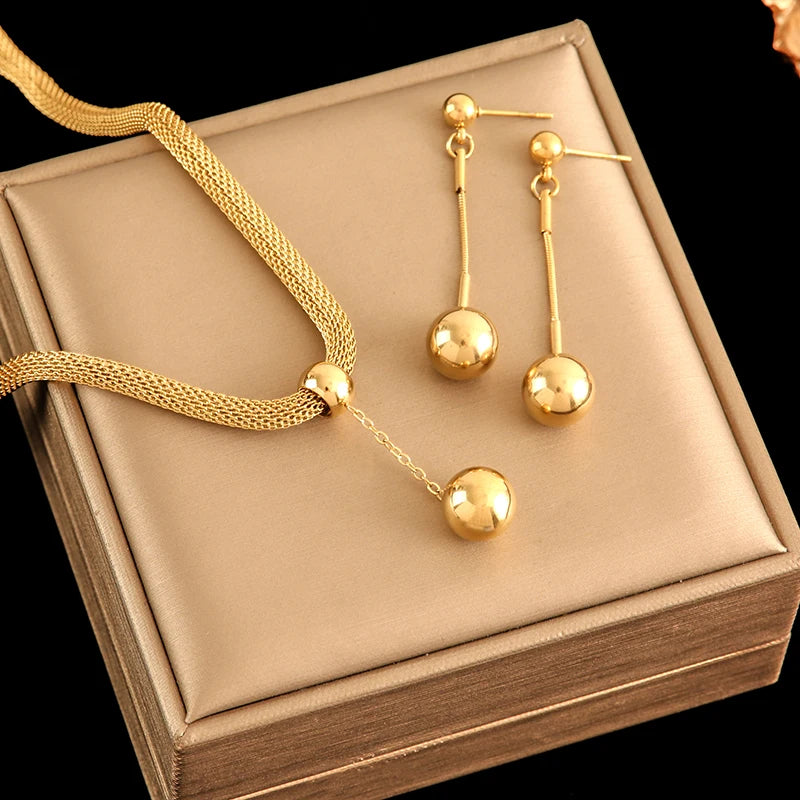 Gold Plated Bead Pendant Necklace & Earrings Set