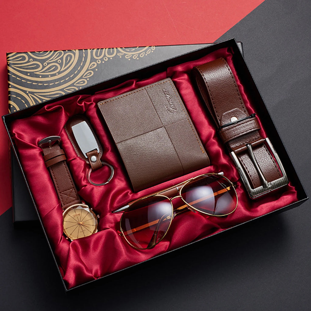 Corporate Gifts Men's Business Quartz Watch Men's Luxury Set 6-in-1 Watch Glasses Pen Keychain Belt Wallet Set Gift Box