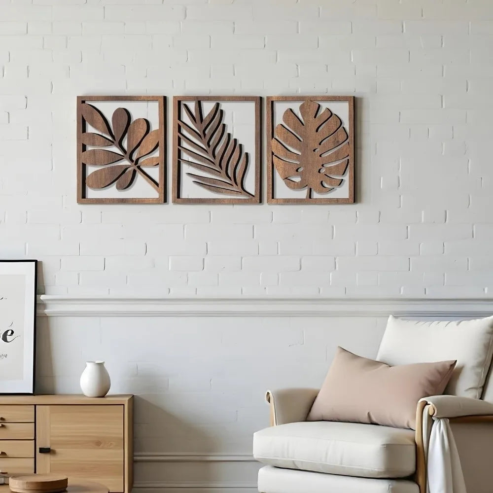 3-Piece Tropical Leaf Wooden Wall Art