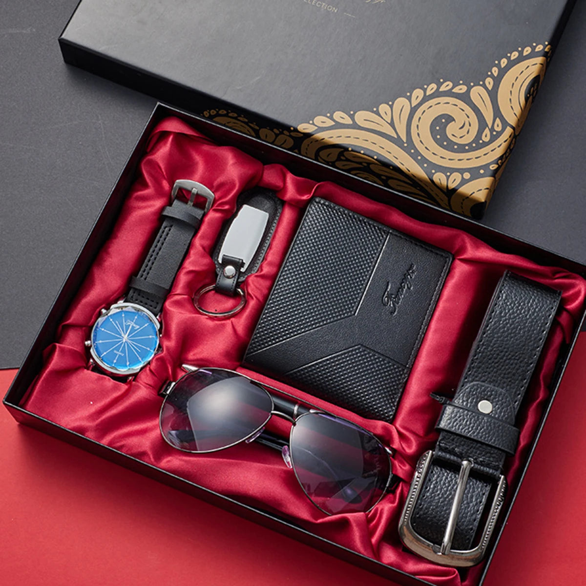 Corporate Gifts Men's Business Quartz Watch Men's Luxury Set 6-in-1 Watch Glasses Pen Keychain Belt Wallet Set Gift Box