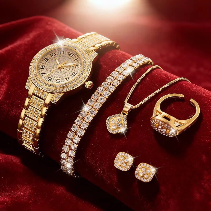 Luxury Women’s Gold Quartz Diamond Watch Set
