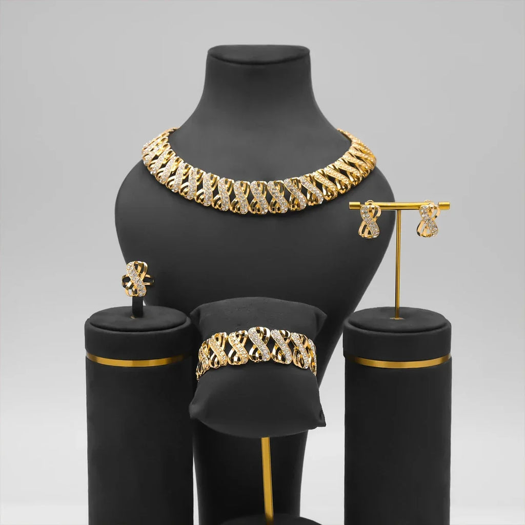 18K Gold-Plated Jewelry Set with Necklace, Bracelet, Earrings and Ring