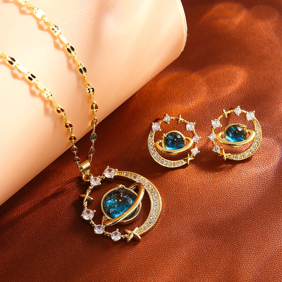 Gold Astronaut Moon & Planet Pendant Necklace