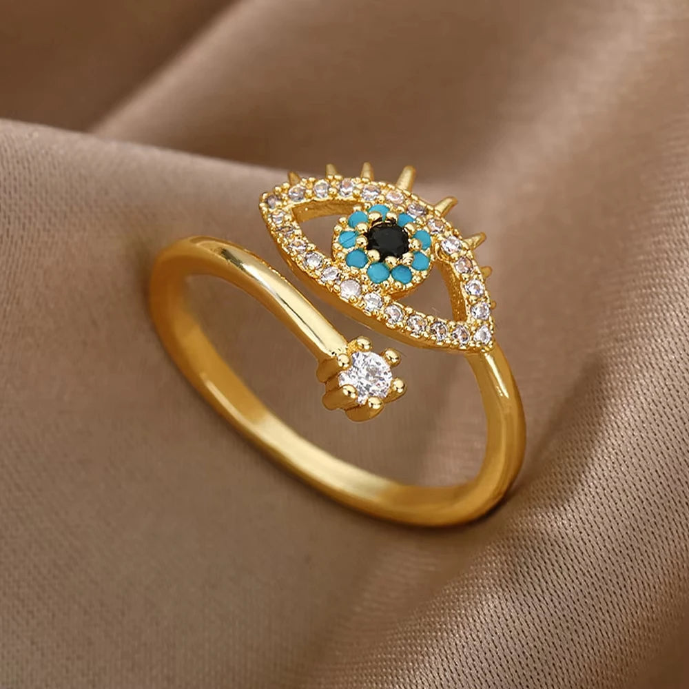 Evil Eye Gold Zircon Adjustable Ring