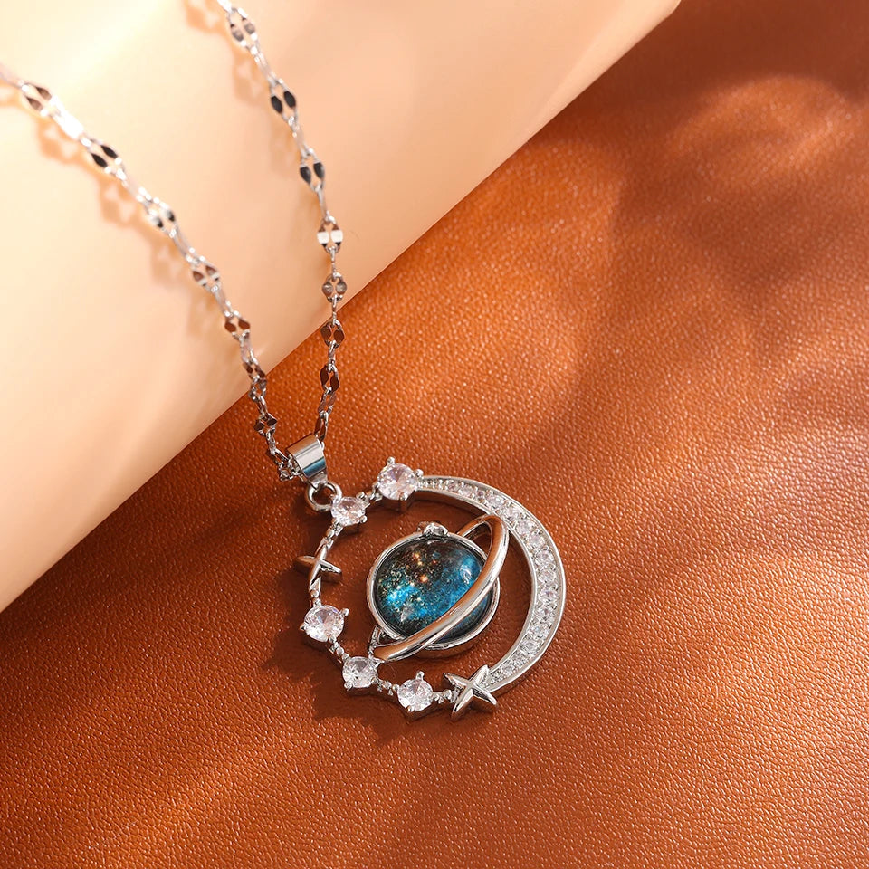 Gold Astronaut Moon & Planet Pendant Necklace