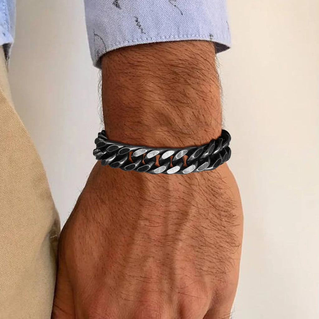 Vnox 8mm/12mm Bold Heavy Stainless Steel Cuban Bracelets for Men, Oxidized Metal Wristband, Punk Rock Chain Bracelet Jewelry