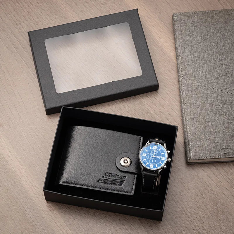 Corporate Gifts Men's Business Quartz Watch Men's Luxury Set 6-in-1 Watch Glasses Pen Keychain Belt Wallet Set Gift Box