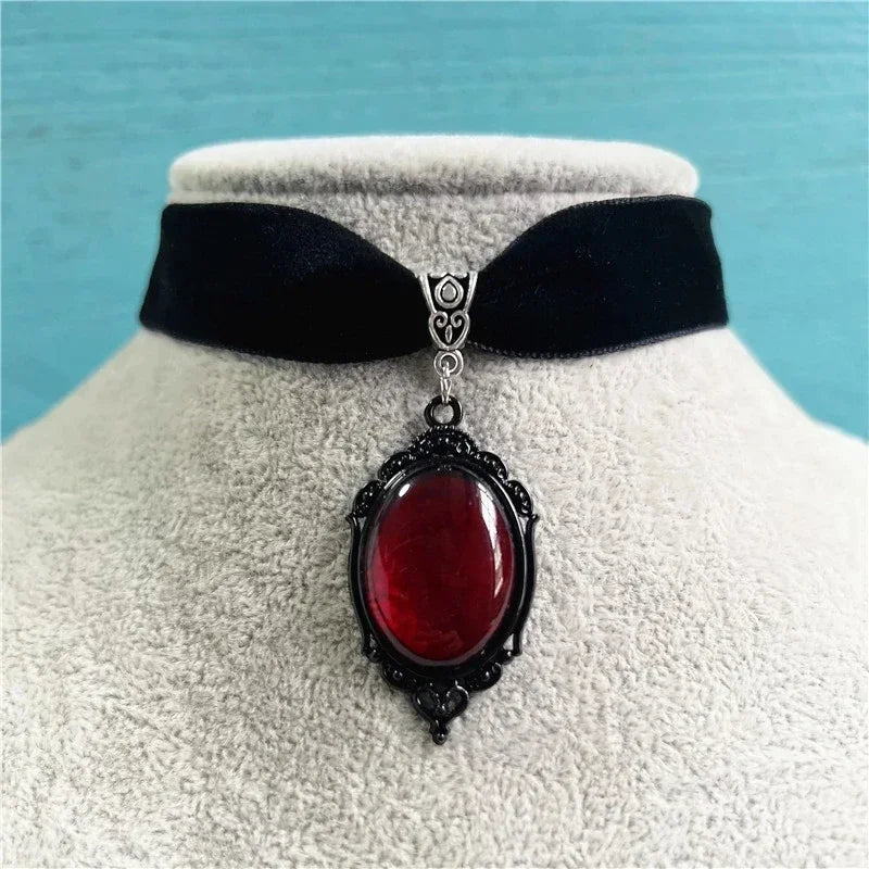 Gothic Blood Red Velvet Witch Choker Necklace