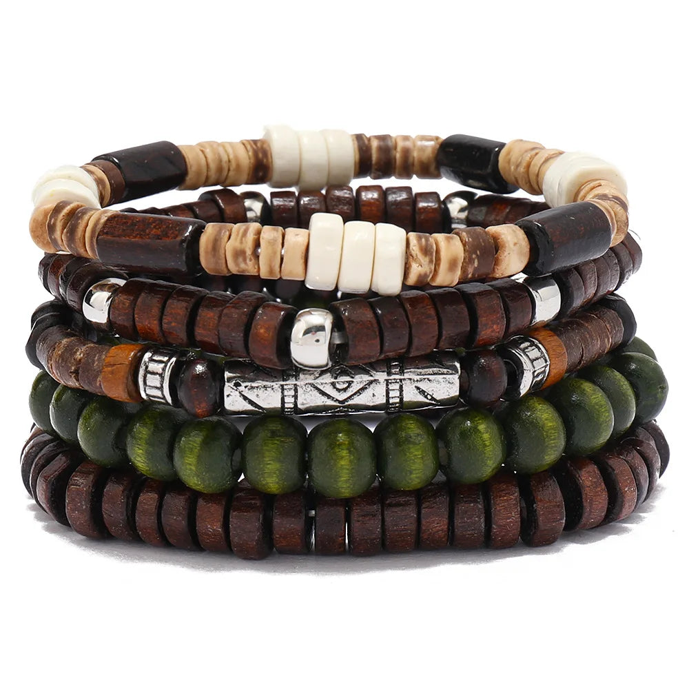 Boho Wood Bead Charm Bracelet Set