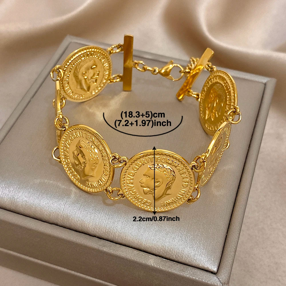 Gold-Plated Stainless Steel Coin Cuff Bracelet