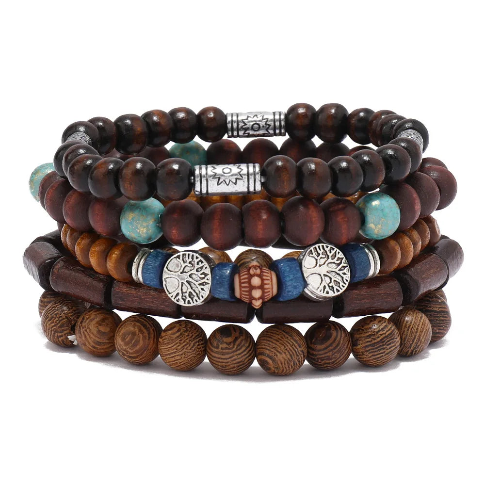 Boho Wood Bead Charm Bracelet Set