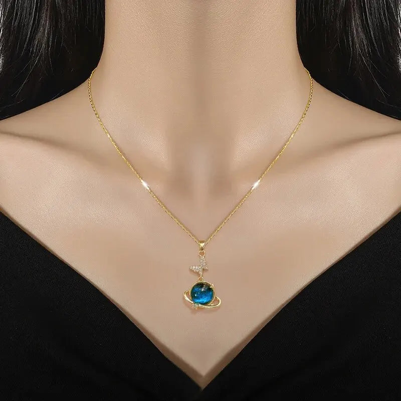 Gold Astronaut Moon & Planet Pendant Necklace