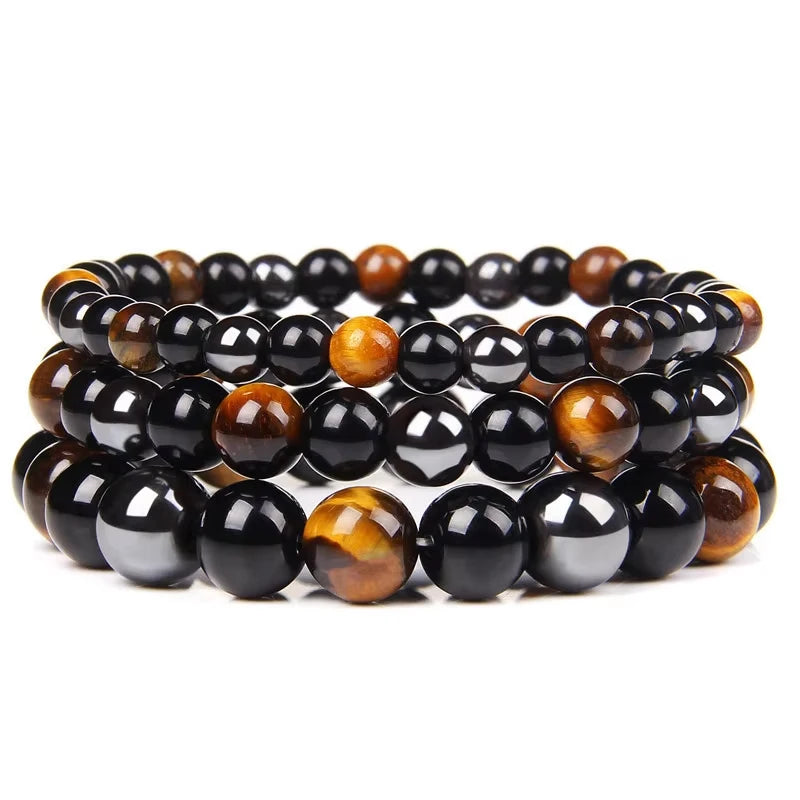 Natural Black Obsidian, Hematite & Tiger Eye Bead Bracelet for Men