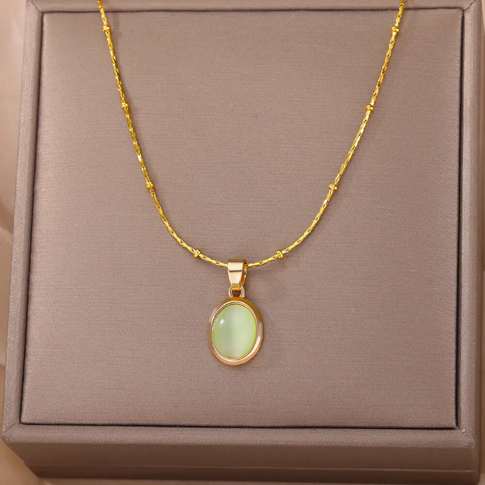 Gold Opal Oval Pendant Necklace for Women