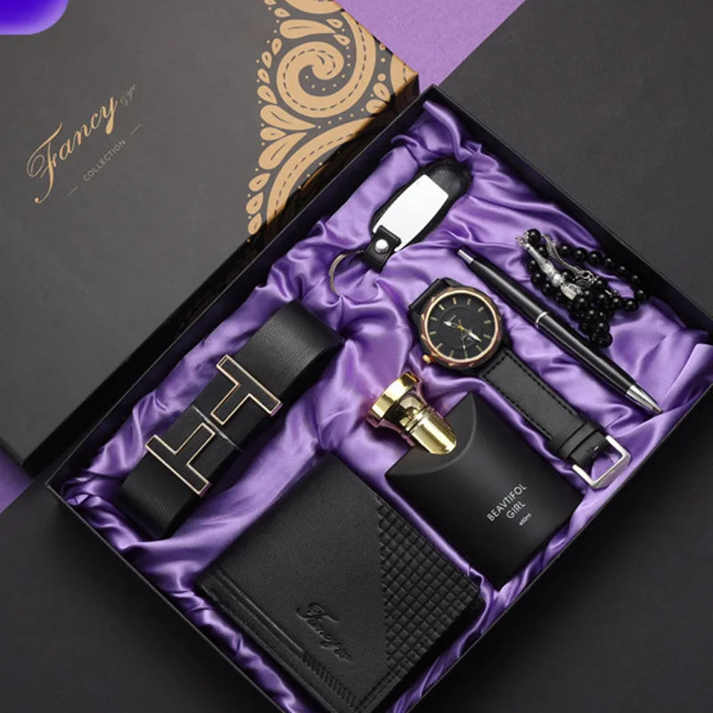 Corporate Gifts Men's Business Quartz Watch Men's Luxury Set 6-in-1 Watch Glasses Pen Keychain Belt Wallet Set Gift Box
