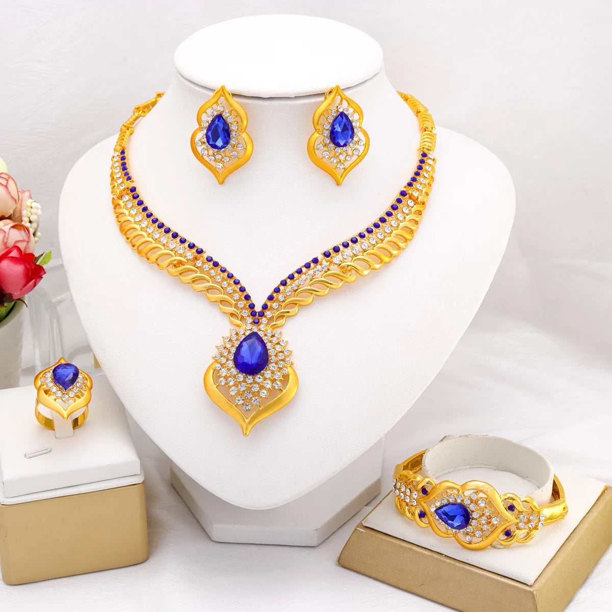 Gold Plated Zircon Necklace & Earrings Set