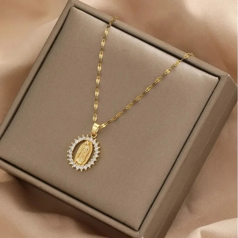 Colorful Zircon Virgin Mary Star Pendant Necklace
