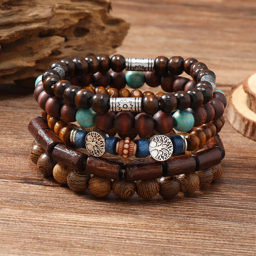 Boho Wood Bead Charm Bracelet Set
