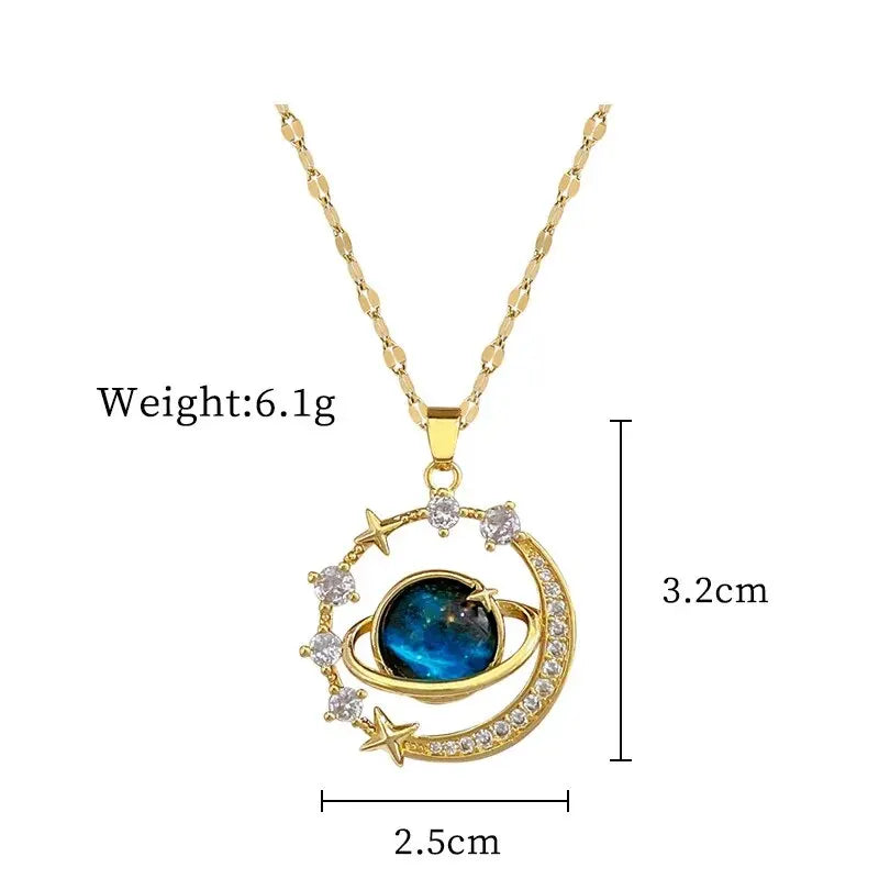 Gold Astronaut Moon & Planet Pendant Necklace
