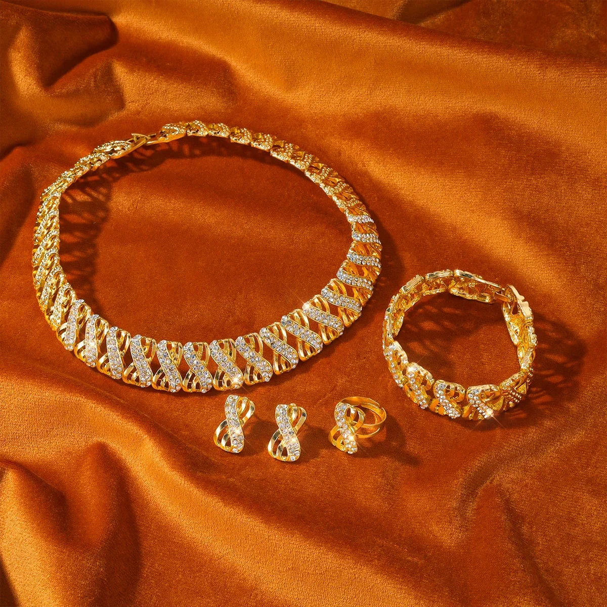 18K Gold-Plated Jewelry Set with Necklace, Bracelet, Earrings and Ring