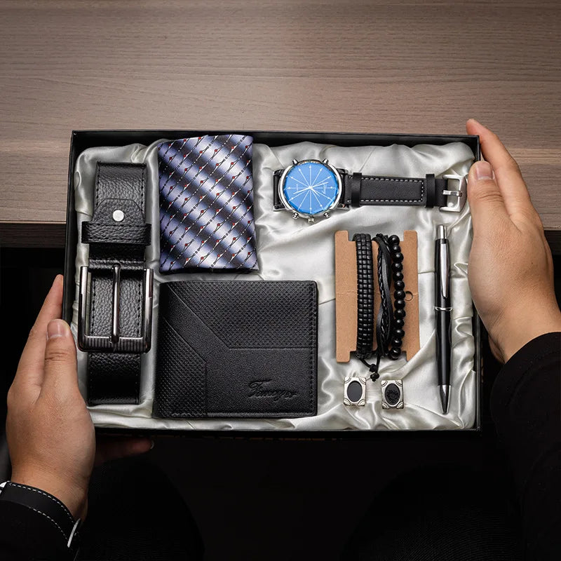 Corporate Gifts Men's Business Quartz Watch Men's Luxury Set 6-in-1 Watch Glasses Pen Keychain Belt Wallet Set Gift Box