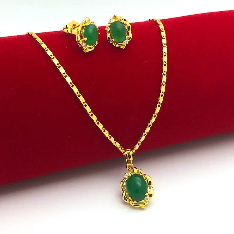 Gold Plated Emerald Pendant Necklace & Earrings Set