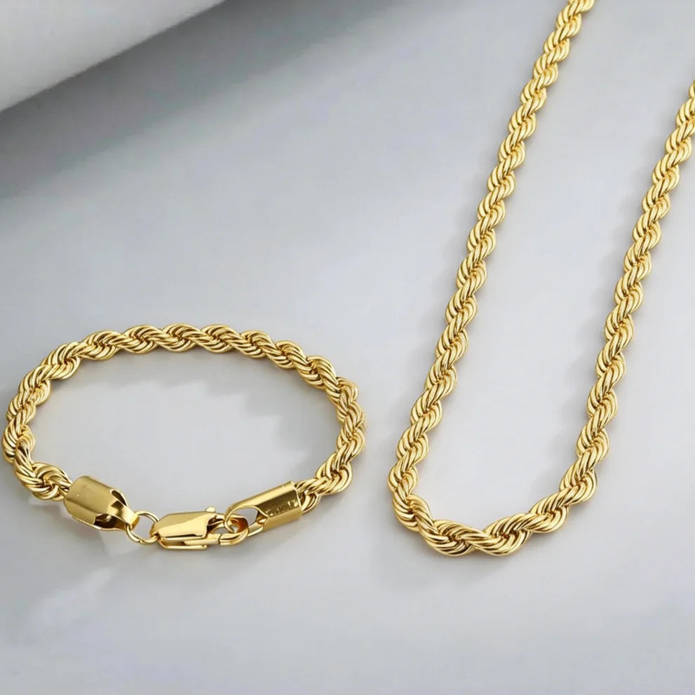 Gold Plated Rope Chain Necklace & Bracelet Set