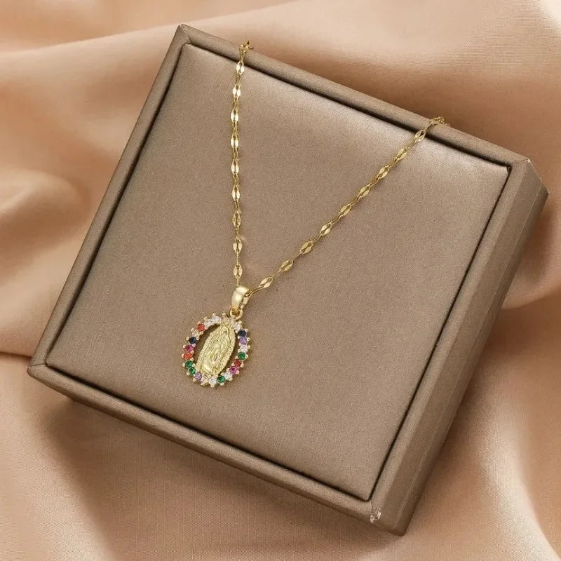 Colorful Zircon Virgin Mary Star Pendant Necklace
