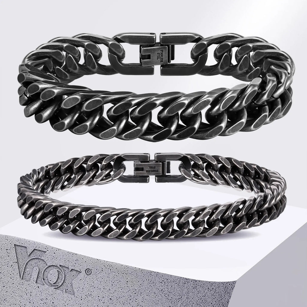 Vnox 8mm/12mm Bold Heavy Stainless Steel Cuban Bracelets for Men, Oxidized Metal Wristband, Punk Rock Chain Bracelet Jewelry