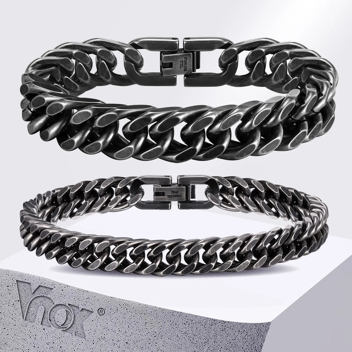 Vnox 8mm/12mm Bold Heavy Stainless Steel Cuban Bracelets for Men, Oxidized Metal Wristband, Punk Rock Chain Bracelet Jewelry