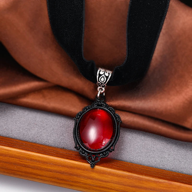 Gothic Blood Red Velvet Witch Choker Necklace