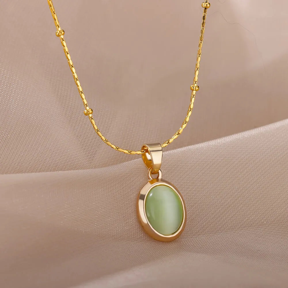 Gold Opal Oval Pendant Necklace for Women