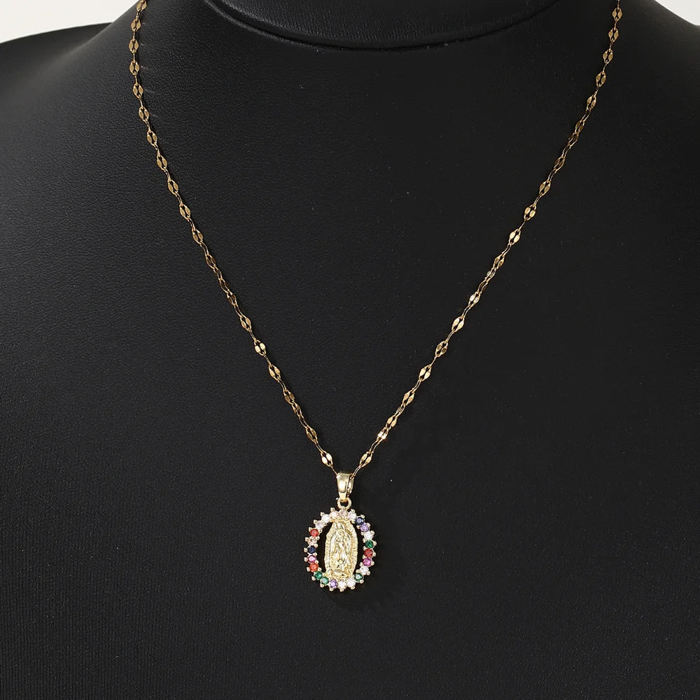 Colorful Zircon Virgin Mary Star Pendant Necklace