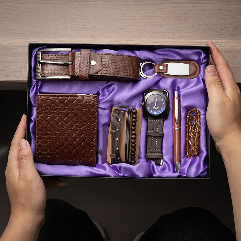 Corporate Gifts Men's Business Quartz Watch Men's Luxury Set 6-in-1 Watch Glasses Pen Keychain Belt Wallet Set Gift Box