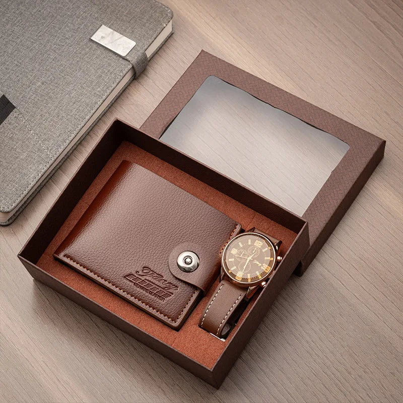 Corporate Gifts Men's Business Quartz Watch Men's Luxury Set 6-in-1 Watch Glasses Pen Keychain Belt Wallet Set Gift Box