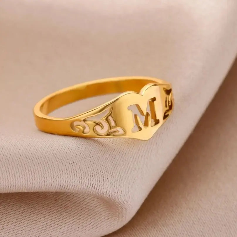 Gold Initial Heart Ring for Women A–Z
