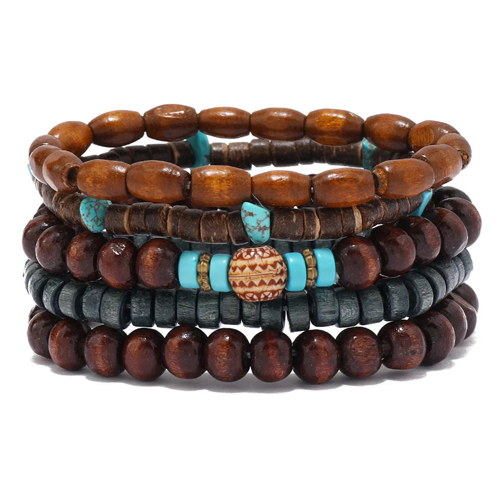 Boho Wood Bead Charm Bracelet Set
