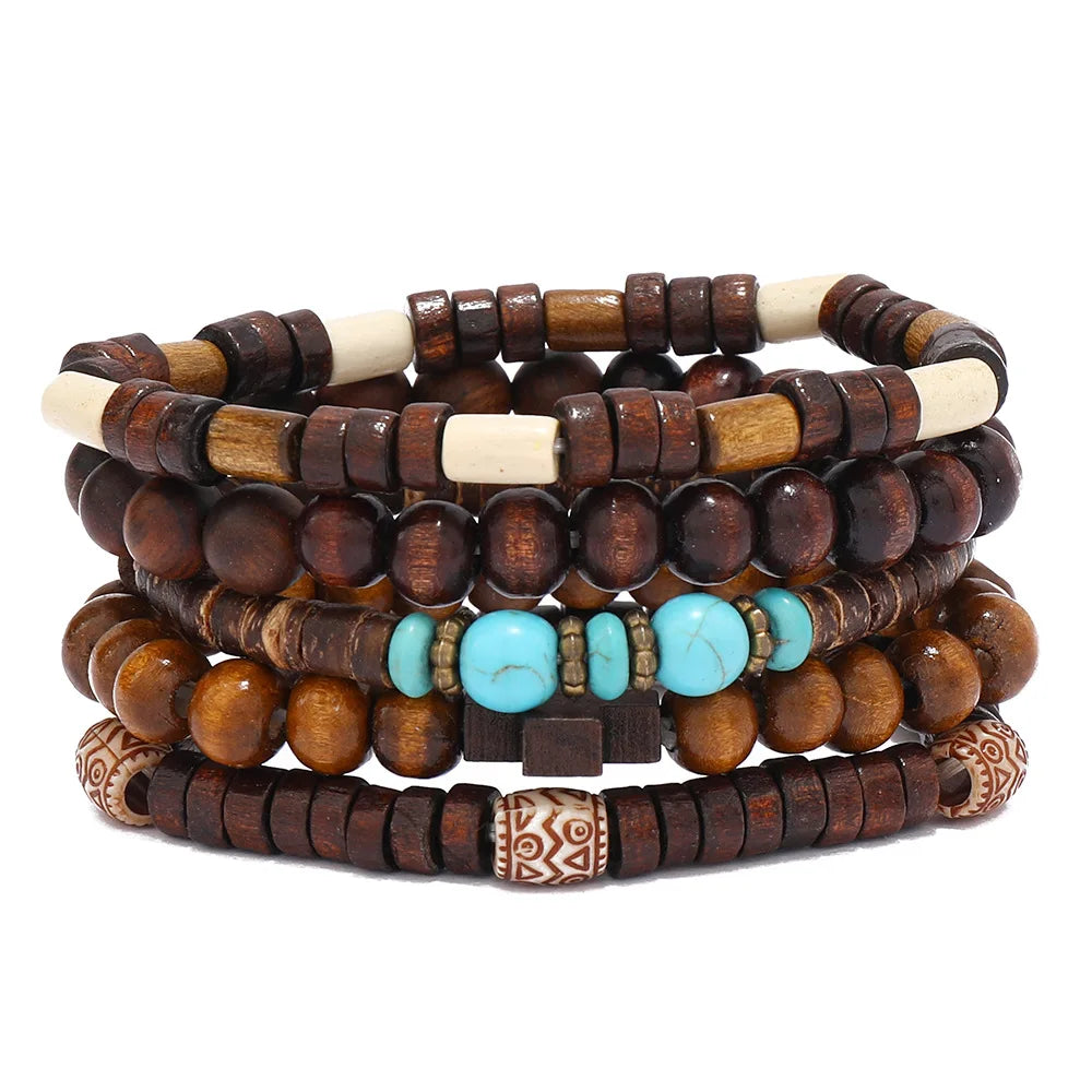 Boho Wood Bead Charm Bracelet Set