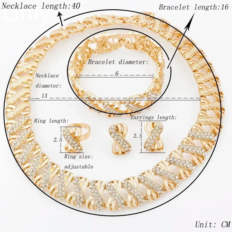 18K Gold-Plated Jewelry Set with Necklace, Bracelet, Earrings and Ring