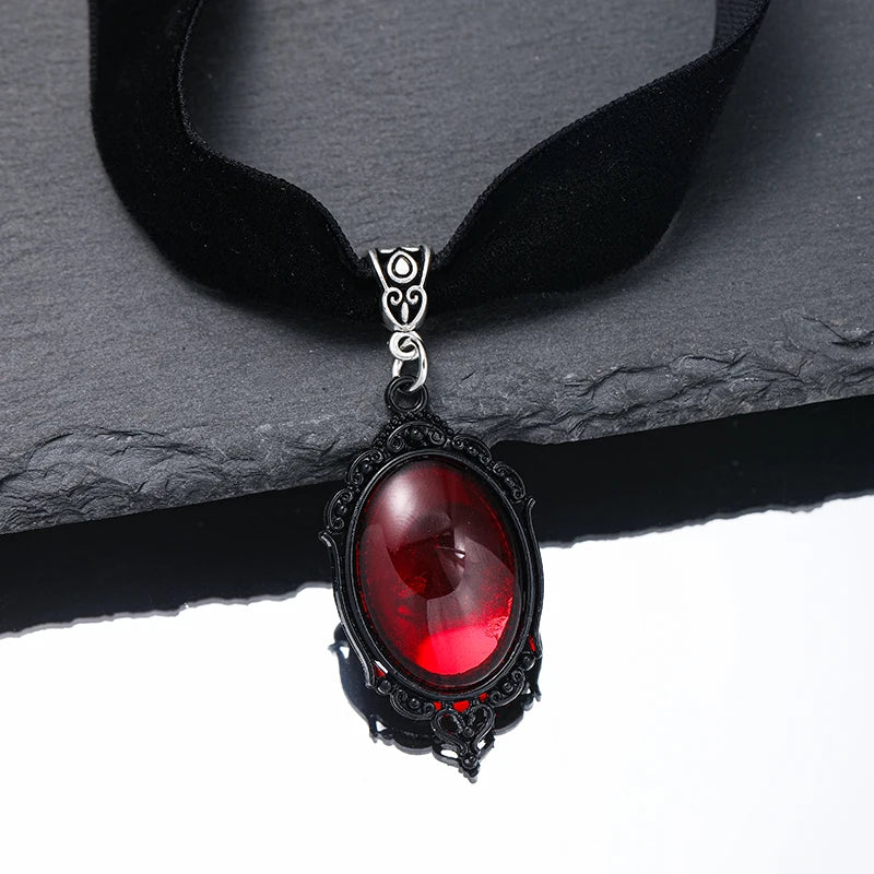 Gothic Blood Red Velvet Witch Choker Necklace