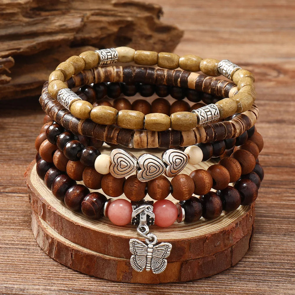 Boho Wood Bead Charm Bracelet Set