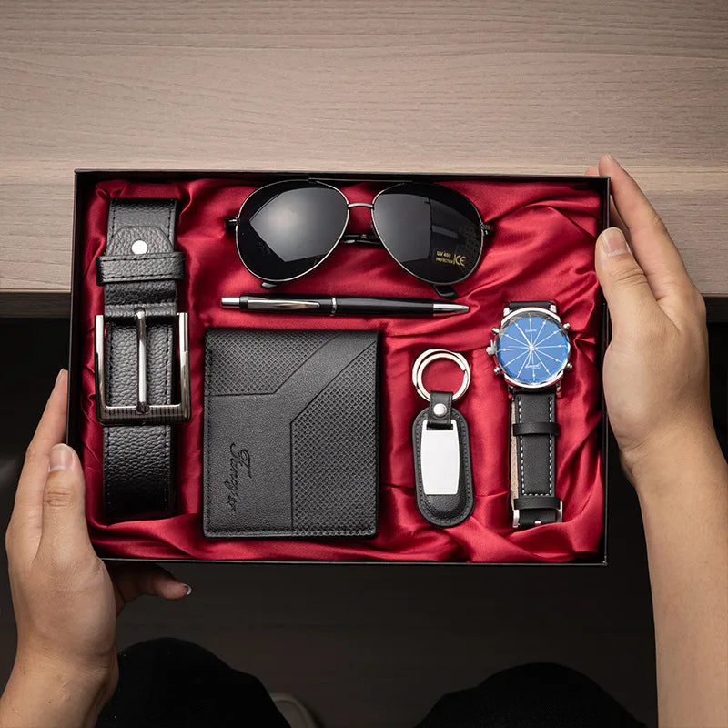 Corporate Gifts Men's Business Quartz Watch Men's Luxury Set 6-in-1 Watch Glasses Pen Keychain Belt Wallet Set Gift Box